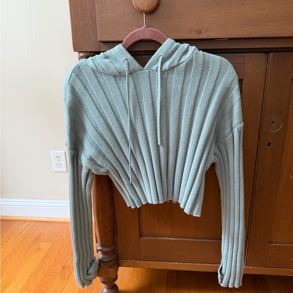 Forever 21 Ribbed Knit Hoodie Sweater - Sage Green